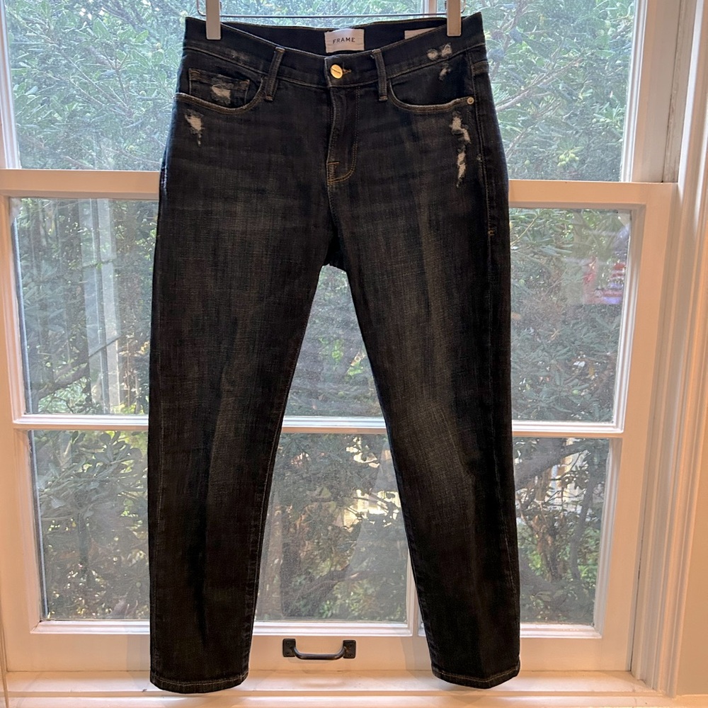 Frame le Garcon Crop jeans in dark denim wash with distressed detailing.